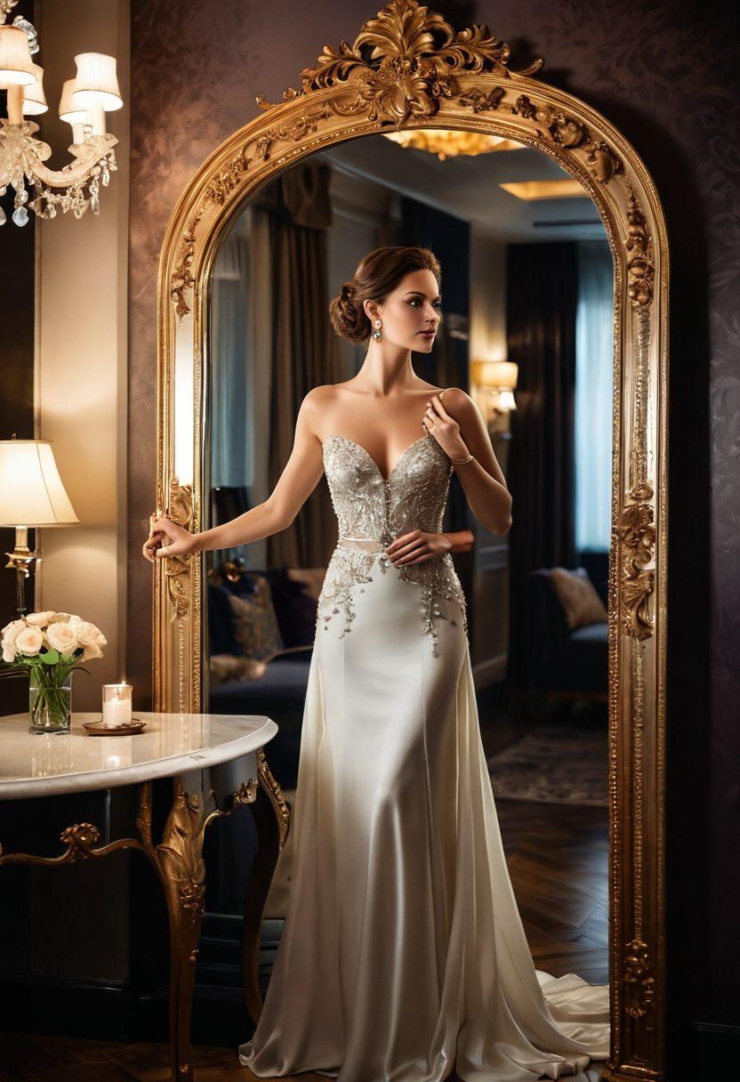 A confident, glamorous woman standing in front of a lavish, elegant mirror, wearing stunning evening attire that reflects light. Surround her with soft, ambient lighting to enhance her allure, and include hints of accessories like sparkling jewelry. Surrounding the mirror, include subtle floral decorations to symbolize beauty and allure. The atmosphere should feel luxurious and seductive, evoking a sense of empowerment and charm. super-realistic. vibrant colors. elegant backdrop.